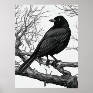 Crow Perched on Bare Winter Branches Poster