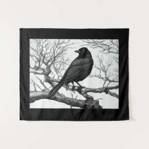 Crow Perched on Bare Winter Branches Tapestry