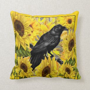 CROW/RAVEN AMONGST YELLOW SUNFLOWERS CUSHION
