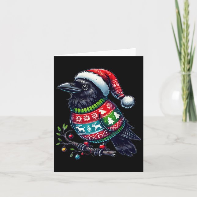 Crow Raven Bird Ugly Sweater Santa Hat Christmas  Card (Front)