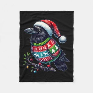 Crow Raven Bird Ugly Sweater Santa Hat Christmas Fleece Blanket