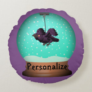 Crow raven black purple teal fall snow globe round cushion