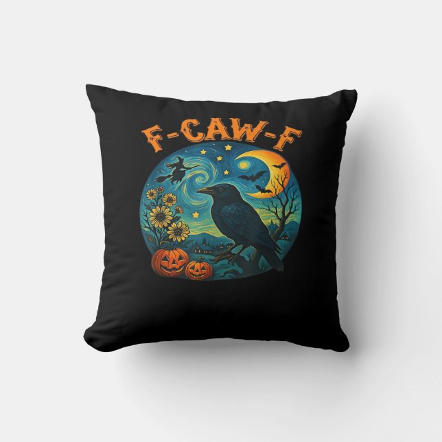 Crow Raven F-Caw-F Funny Halloween Gothic Checkere Cushion (Front)