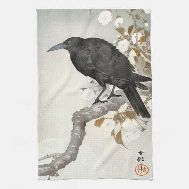 Crow Raven Koson Japanese Bird Tea Towel (Vertical)