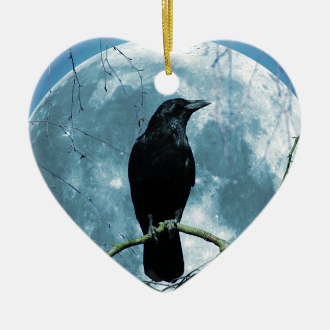 Crow Raven Moon Night Gothic Fantasy Stunning Ceramic Ornament (Front)