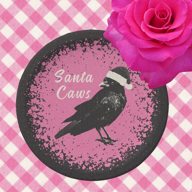 Crow Santa Pink and Black Christmas Goth Paper Plate (Cute pink and black plates with a Santa Caws crow with his hat are perfect for Christmas parties.)