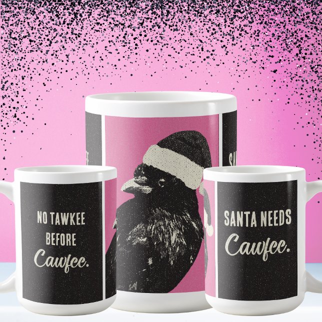 Crow Santa Pink Black Cawfee Christmas Coffee Mug (A tall Christmas mug is perfect when Santa is tired on Christmas morning. Santa crow needs coffee!)