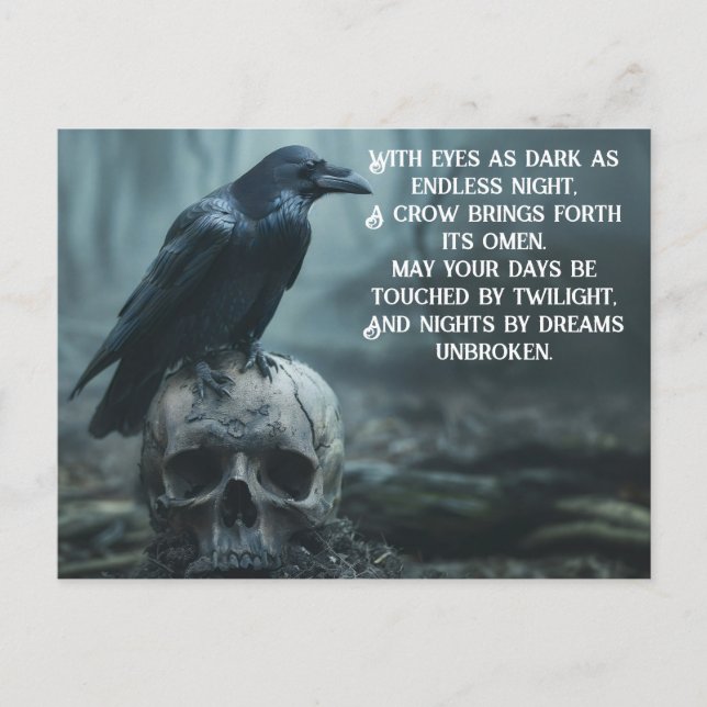Crow sitting on a skull with a gothic message  postcard (Front)