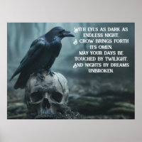 Crow sitting on a skull with a gothic message 