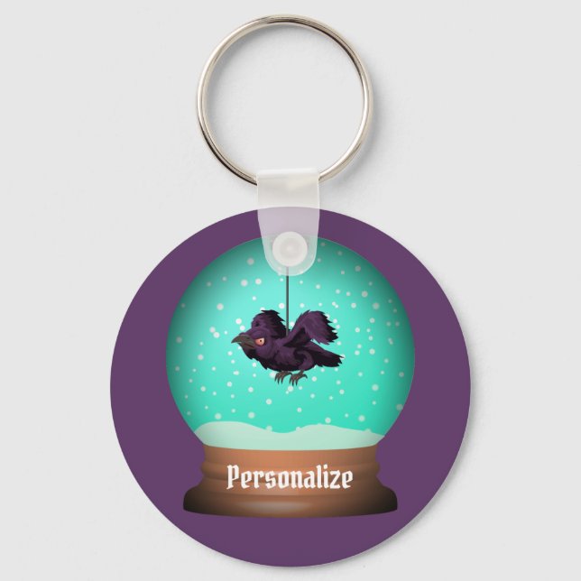 Crow snow globe raven fall unique purple gothic key ring (Front)