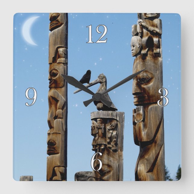 Crow & Totem Poles Native American Art Clock (Front)