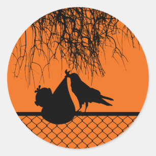 Crow with Baby on Fence Classic Round Sticker