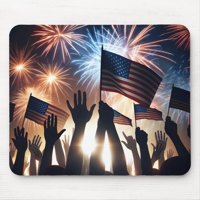 Crowd Holding American Flags Waching Fireworks Mouse Pad (Front)