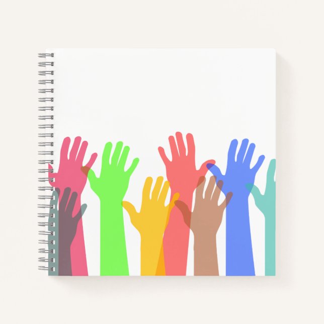 Crowd of Colorful Hands in the Air Notebook (Front)