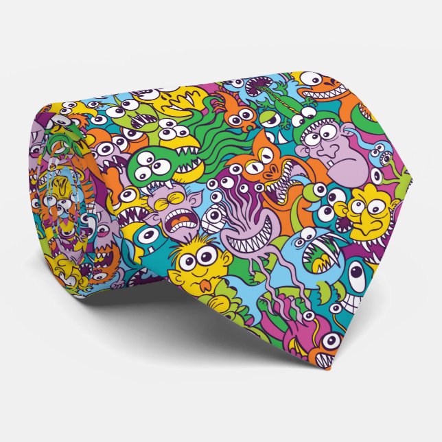 Crowd of colourful Halloween monsters and creature Tie (Rolled)