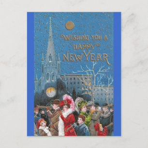 Crowd of Happy Revelers with Horns on New Year's Holiday Postcard