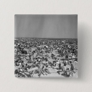 Crowd of people on beach B&W elevated view 15 Cm Square Badge