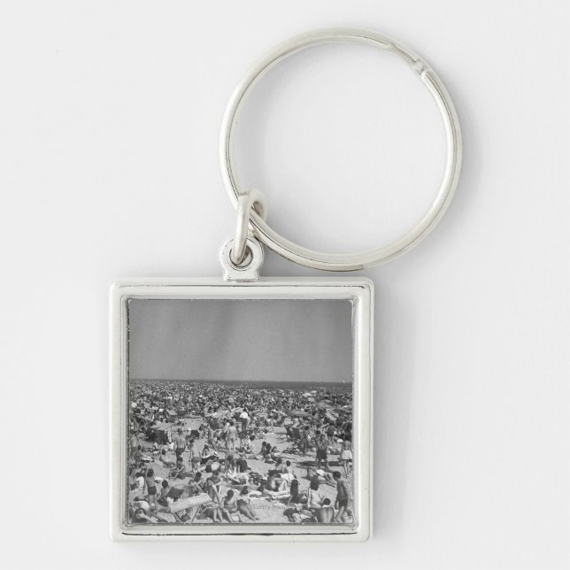 Crowd of people on beach B&W elevated view Key Ring (Front)