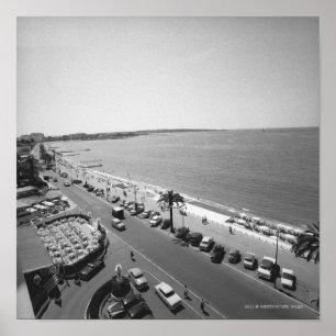 Crowd of people on beach B&W elevated view Poster