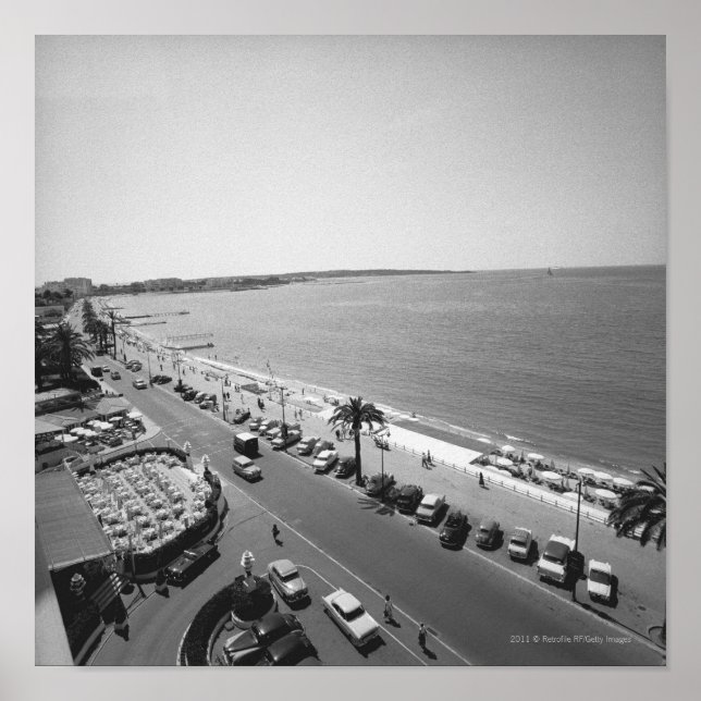 Crowd of people on beach B&W elevated view Poster (Front)