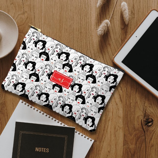 Crowd of Women with Red Lips Monogrammed Initials Accessory Pouch (Creator Uploaded)
