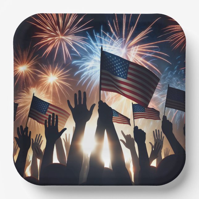 Crowd With American Flags and Fireworks Paper Plate (Front)