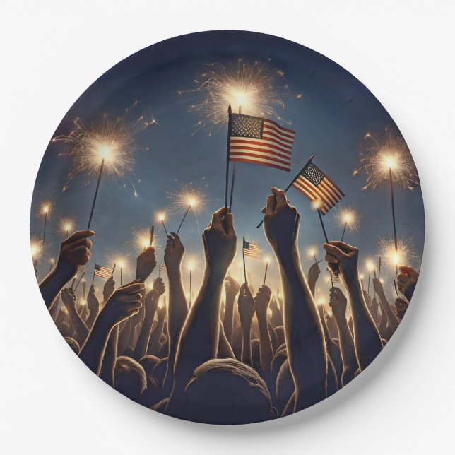 Crowd With American Flags and Sparklers Paper Plate (Front)