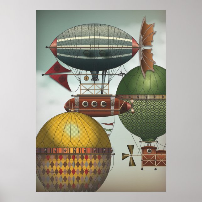 Crowded Skies Travel Traffic Steampunk Airships Poster (Front)