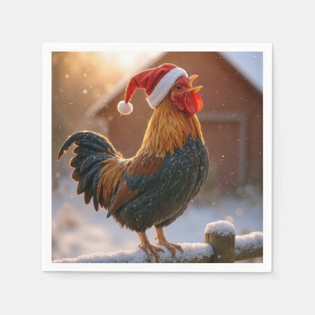 Crowing Christmas Rooster Wearing a Santa Hat Napkin (Front)