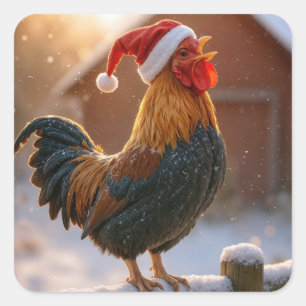 Crowing Christmas Rooster Wearing a Santa Hat Square Sticker