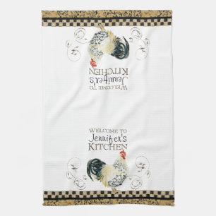 Crowing Rooster Black & Tan Check Swirl Kitchen Tea Towel
