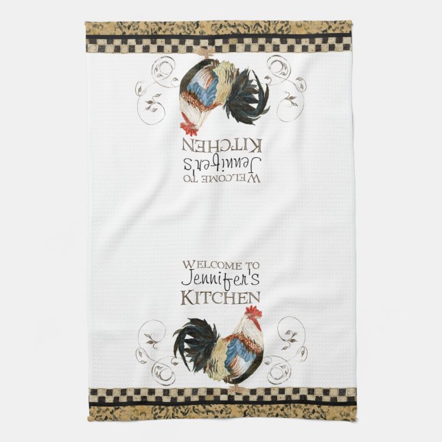 Crowing Rooster Black & Tan Check Swirl Kitchen Tea Towel (Vertical)