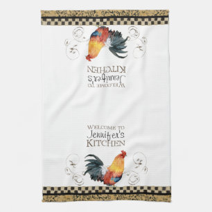 Crowing Rooster Black & Tan Check Swirl Kitchen Tea Towel