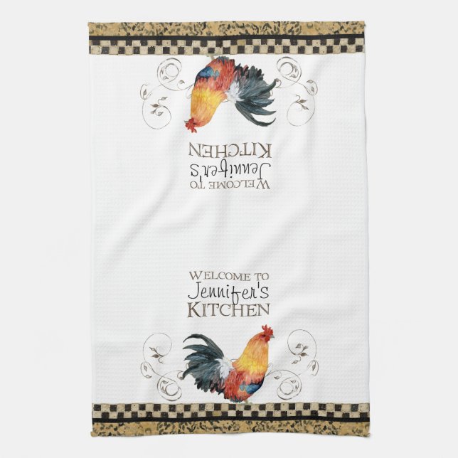 Crowing Rooster Black & Tan Check Swirl Kitchen Tea Towel (Vertical)