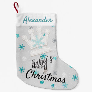 Crown and Blue Snowflakes First Christmas Stocking