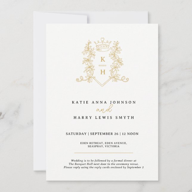 Crown and foilage wedding black gold on white invitation (Front)