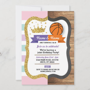 Crown & Basketball Joint Birthday Girl Boy Sports Invitation