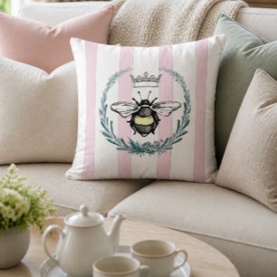 Crown Bee in Wreath Pink & White Striped Cushion