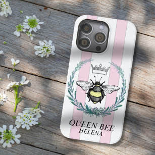 Crown Bee   Pink & White Striped Personalised Case-Mate iPhone 14 Pro Max Case