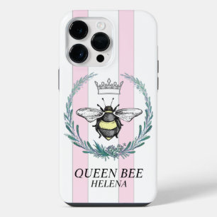 Crown Bee Pink & White Striped Personalised iPhone 14 Pro Max Case