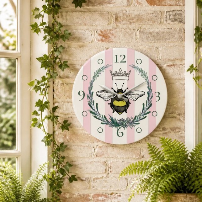 Crown Bee | Pink & White Striped Wall Clock (Creator Uploaded)