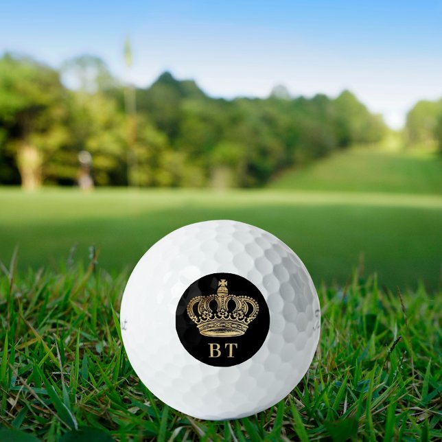 Crown black gold monogram initials golf balls (Creator Uploaded)