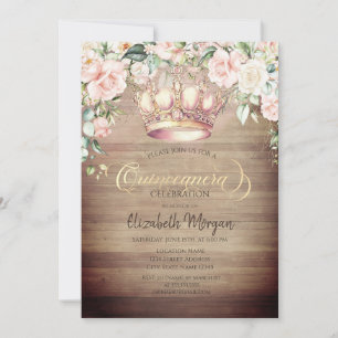 Crown Boho Roses Wood Quinceañera Invitation