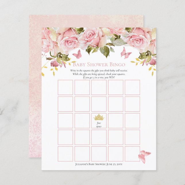 Crown | Butterflies Floral Baby Shower Bingo Card (Front/Back)