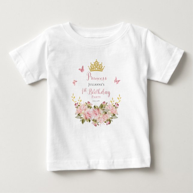 Crown | Butterflies Floral Princess 1st Birthday Baby T-Shirt (Front)