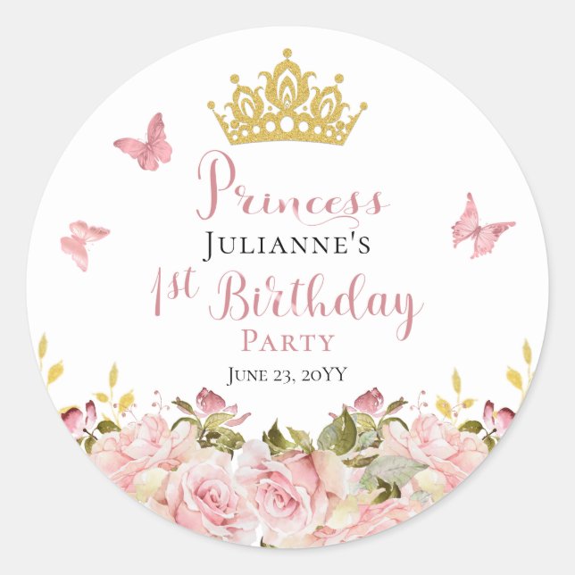 Crown | Butterflies Floral Princess 1st Birthday Classic Round Sticker (Front)
