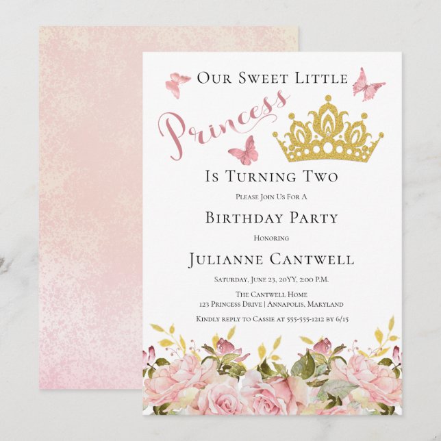 Crown | Butterflies Floral Princess 2nd Birthday I Invitation (Front/Back)