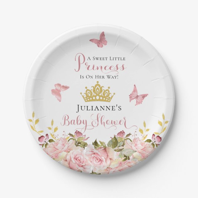 Crown | Butterflies Floral Princess Baby Shower Paper Plate (Front)
