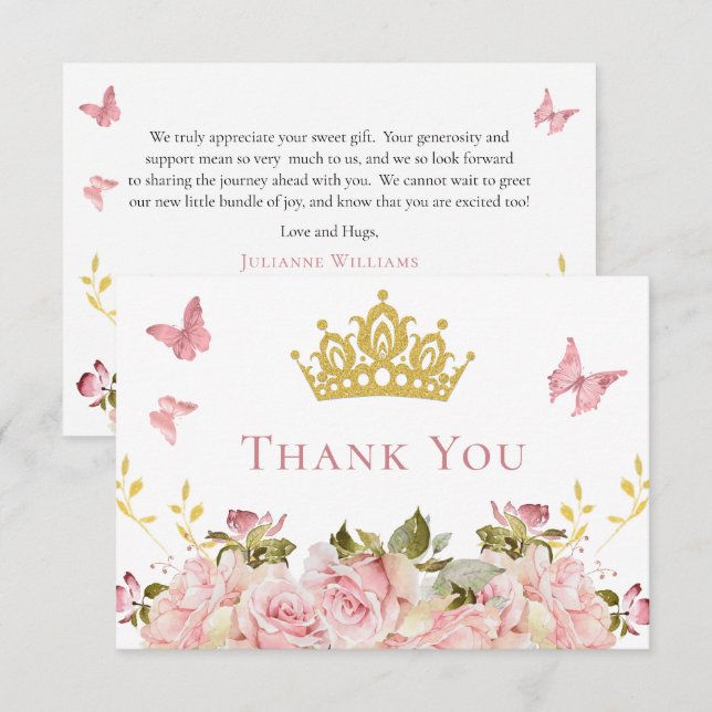 Crown | Butterflies Floral Princess Baby Shower Thank You Card (Front/Back)