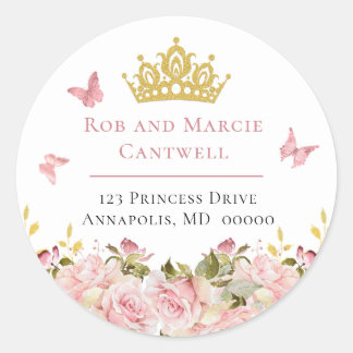Crown | Butterflies Floral Princess Return Address Classic Round Sticker